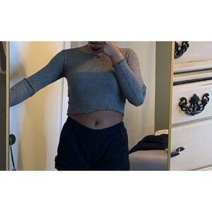 Muted Blue-Gray Fitted Crop Top with Long Sleeves
